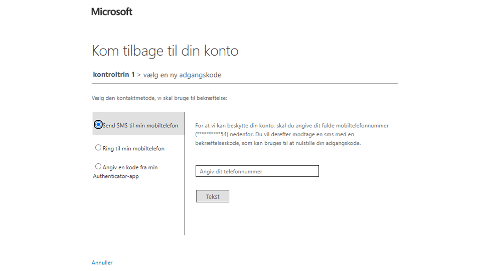 Microsofts nulstil-side hvor man vælger bekræftelsesmetode — de sidste to cifre af telefonnummeret vises